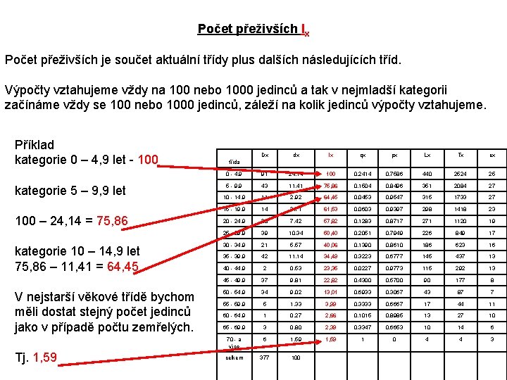 Počet přeživších lx Počet přeživších je součet aktuální třídy plus dalších následujících tříd. Výpočty