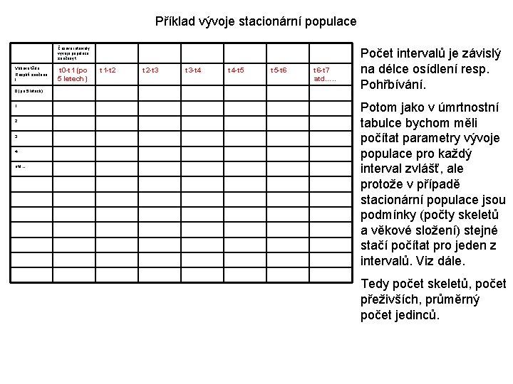 Příklad vývoje stacionární populace Časové intervaly vývoje populace značeny t Věková třída Rozpětí značeno