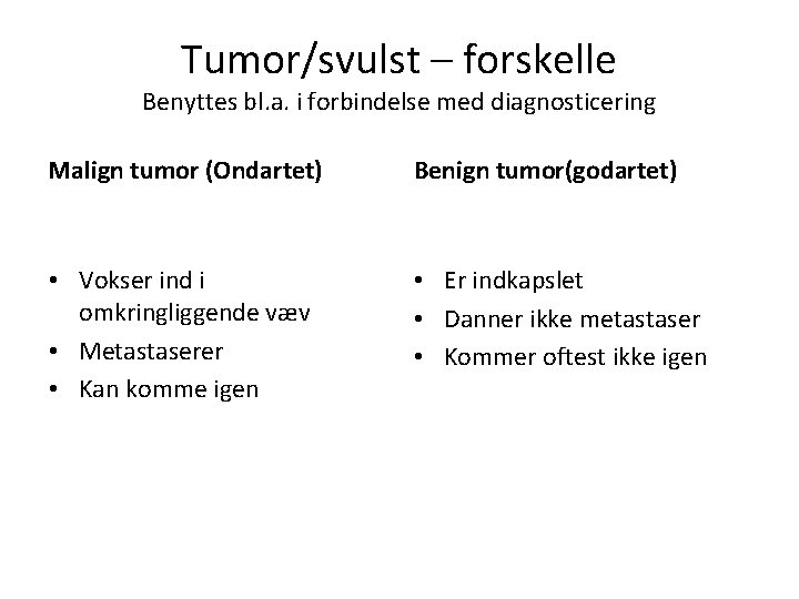 Tumor/svulst – forskelle Benyttes bl. a. i forbindelse med diagnosticering Malign tumor (Ondartet) Benign