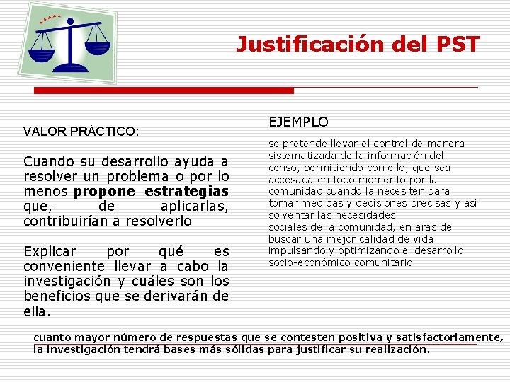 Justificación del PST VALOR PRÁCTICO: Cuando su desarrollo ayuda a resolver un problema o