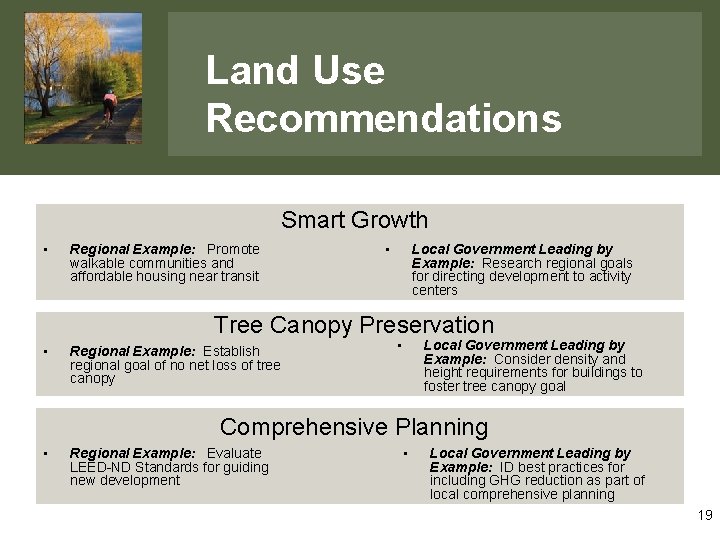 Land Use Recommendations Smart Growth • Regional Example: Promote walkable communities and affordable housing