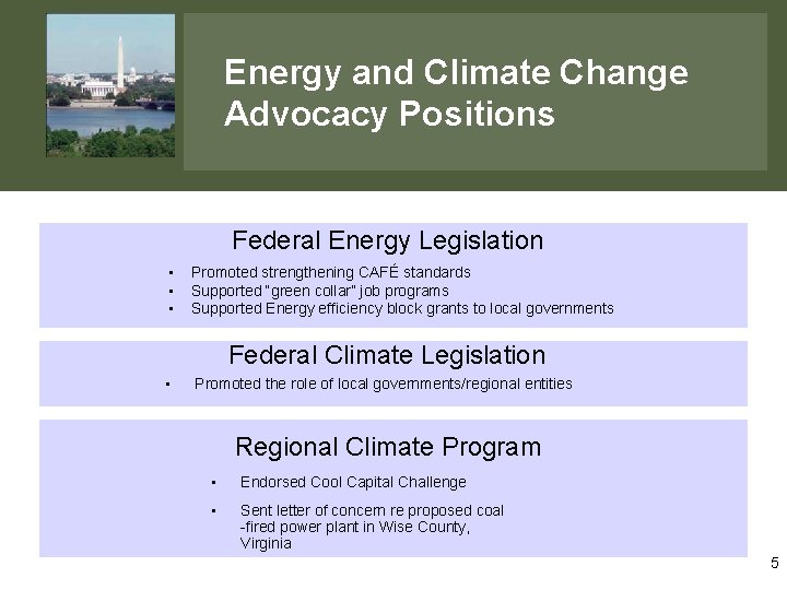 Energy and Climate Change Advocacy Positions Federal Energy Legislation • • • Promoted strengthening