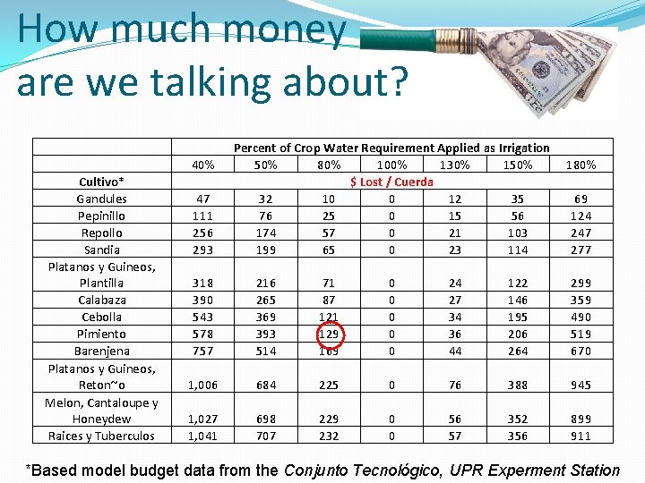 How much money are we talking about? 40% Cultivo* Gandules Pepinillo Repollo Sandia Platanos