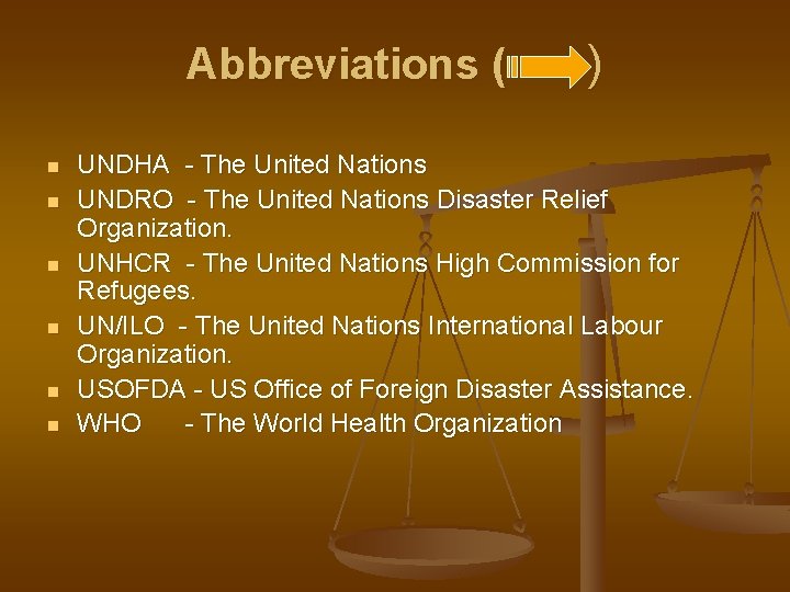 Abbreviations ( n n n ) UNDHA - The United Nations UNDRO - The