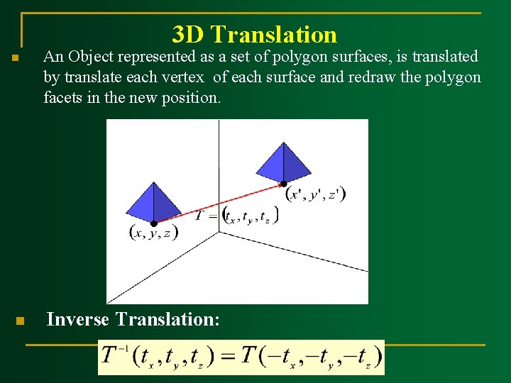 3 D Translation n n An Object represented as a set of polygon surfaces,