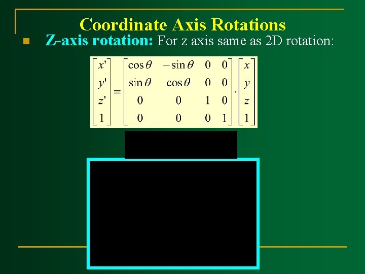 Coordinate Axis Rotations n Z-axis rotation: For z axis same as 2 D rotation: