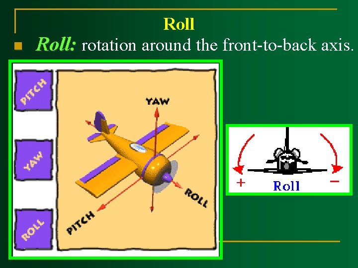 n Roll: rotation around the front-to-back axis. 