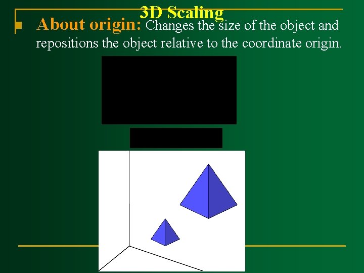 n 3 D Scaling About origin: Changes the size of the object and repositions n 3 D Scaling About origin: Changes the size of the object and repositions