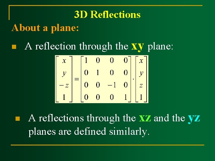 3 D Reflections About a plane: n n A reflection through the xy plane:
