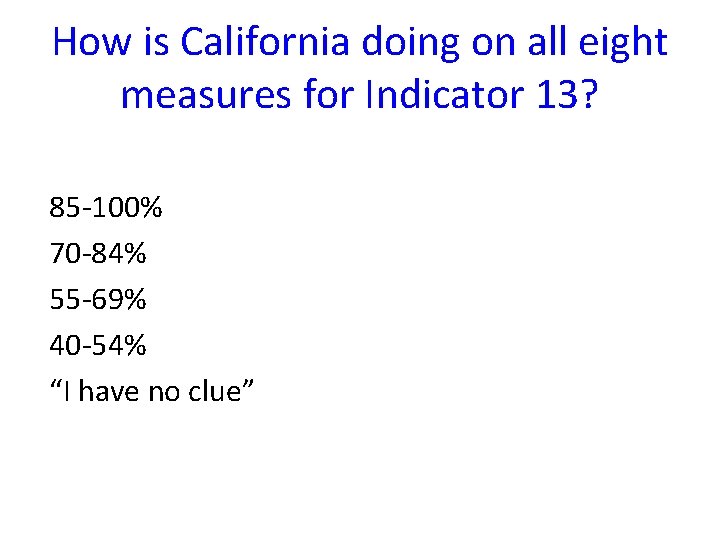 How is California doing on all eight measures for Indicator 13? 85 -100% 70