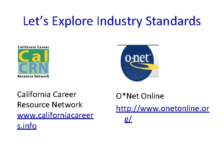 Let’s Explore Industry Standards California Career Resource Network www. californiacareer s. info O*Net Online