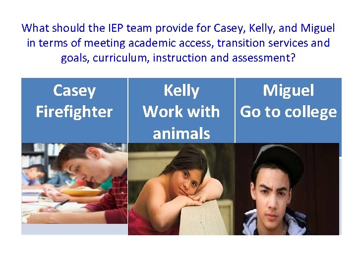 What should the IEP team provide for Casey, Kelly, and Miguel in terms of