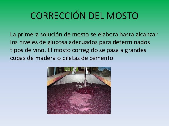 CORRECCIÓN DEL MOSTO La primera solución de mosto se elabora hasta alcanzar los niveles CORRECCIÓN DEL MOSTO La primera solución de mosto se elabora hasta alcanzar los niveles