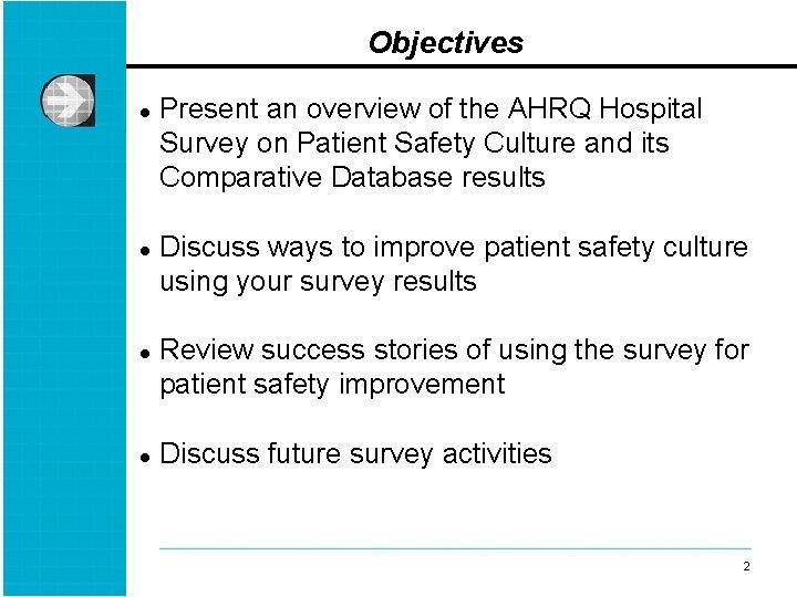 Objectives l l Present an overview of the AHRQ Hospital Survey on Patient Safety