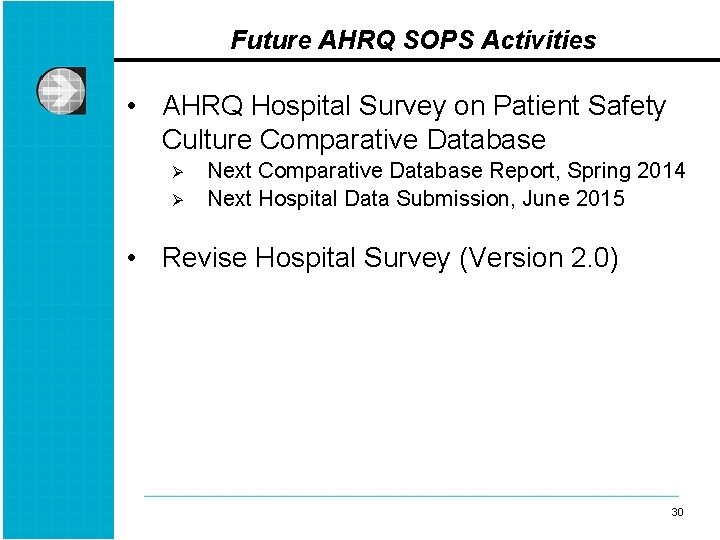 Future AHRQ SOPS Activities • AHRQ Hospital Survey on Patient Safety Culture Comparative Database