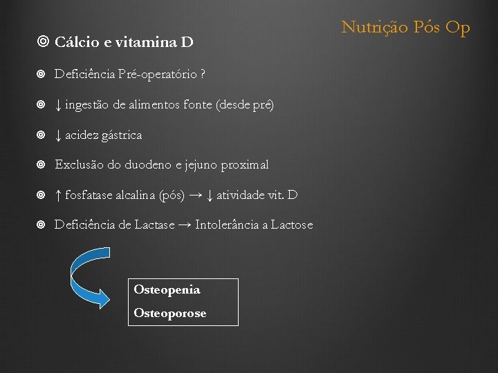  Cálcio e vitamina D Deficiência Pré-operatório ? ↓ ingestão de alimentos fonte (desde