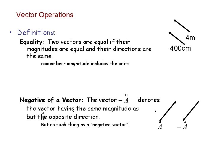 Vector Operations • Definitions: Equality: Two vectors are equal if their magnitudes are equal