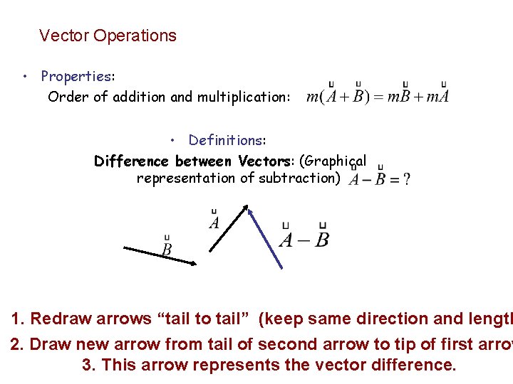 Vector Operations • Properties: Order of addition and multiplication: • Definitions: Difference between Vectors: