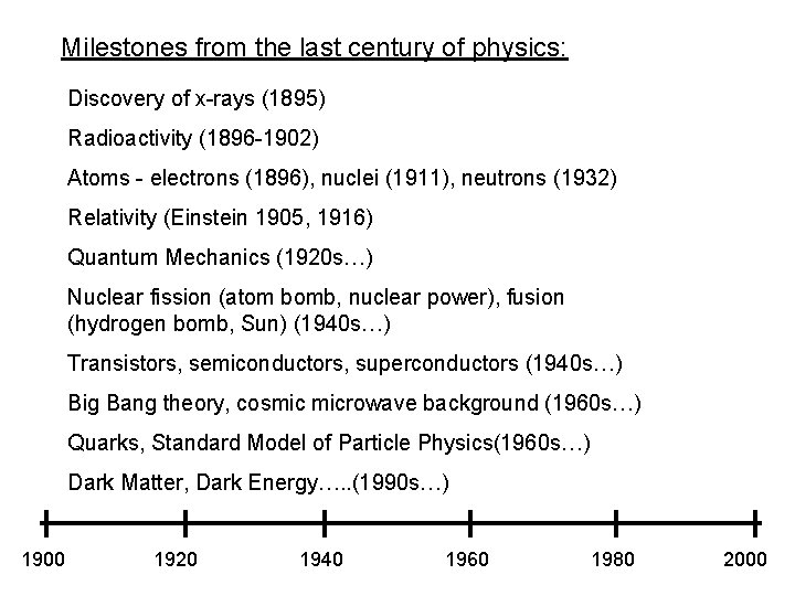 Milestones from the last century of physics: Discovery of x-rays (1895) Radioactivity (1896 -1902)