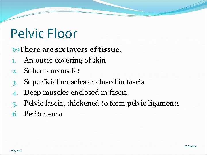 Pelvic Floor There are six layers of tissue. 1. An outer covering of skin Pelvic Floor There are six layers of tissue. 1. An outer covering of skin
