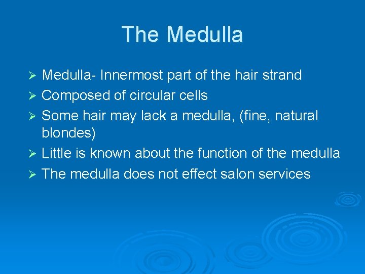 The Medulla- Innermost part of the hair strand Ø Composed of circular cells Ø