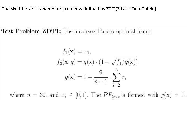 The six different benchmark problems defined as ZDT (Zitzler-Deb-Thiele) 