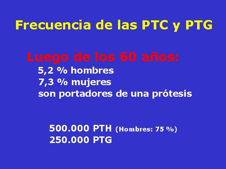 Frecuencia de las PTC y PTG Luego de los 60 años: 5, 2 % Frecuencia de las PTC y PTG Luego de los 60 años: 5, 2 %