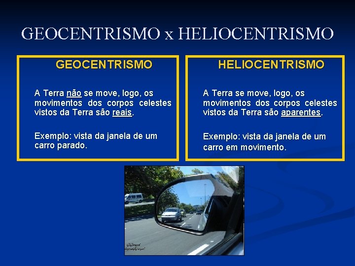 GEOCENTRISMO x HELIOCENTRISMO GEOCENTRISMO HELIOCENTRISMO A Terra não se move, logo, os movimentos dos GEOCENTRISMO x HELIOCENTRISMO GEOCENTRISMO HELIOCENTRISMO A Terra não se move, logo, os movimentos dos