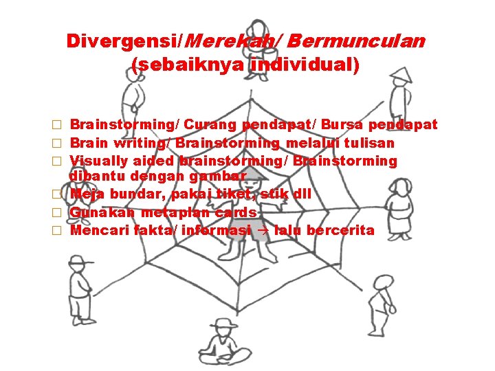 Divergensi/Merekah/ Bermunculan (sebaiknya individual) � Brainstorming/ Curang pendapat/ Bursa pendapat � Brain writing/ Brainstorming Divergensi/Merekah/ Bermunculan (sebaiknya individual) � Brainstorming/ Curang pendapat/ Bursa pendapat � Brain writing/ Brainstorming