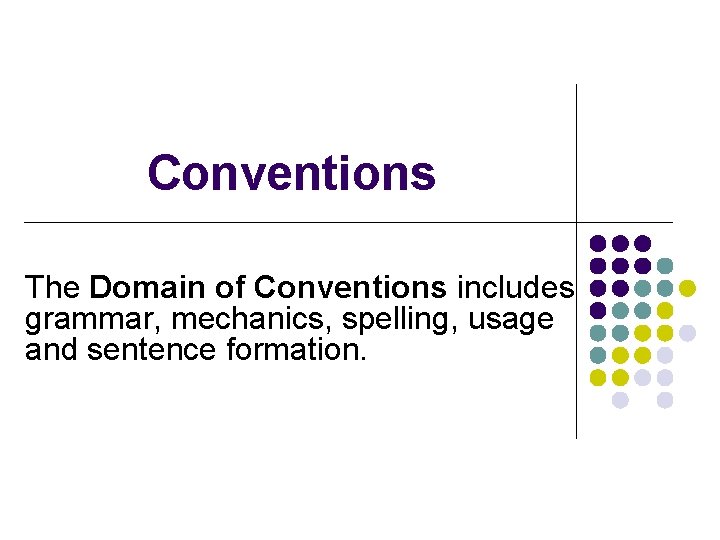 Conventions The Domain of Conventions includes grammar, mechanics, spelling, usage and sentence formation. Conventions The Domain of Conventions includes grammar, mechanics, spelling, usage and sentence formation.
