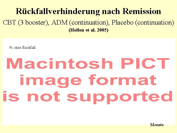 Rückfallverhinderung nach Remission CBT (3 booster), ADM (continuation), Placebo (continuation) (Hollon et al. 2005)