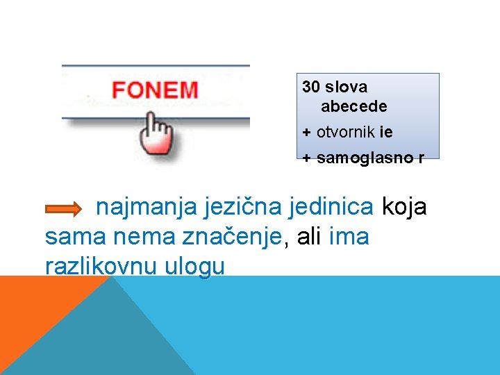 30 slova abecede + otvornik ie + samoglasno r najmanja jezična jedinica koja sama