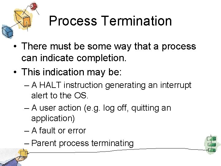 Process Termination • There must be some way that a process can indicate completion.