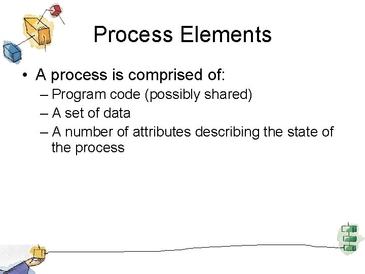 Process Elements • A process is comprised of: – Program code (possibly shared) –