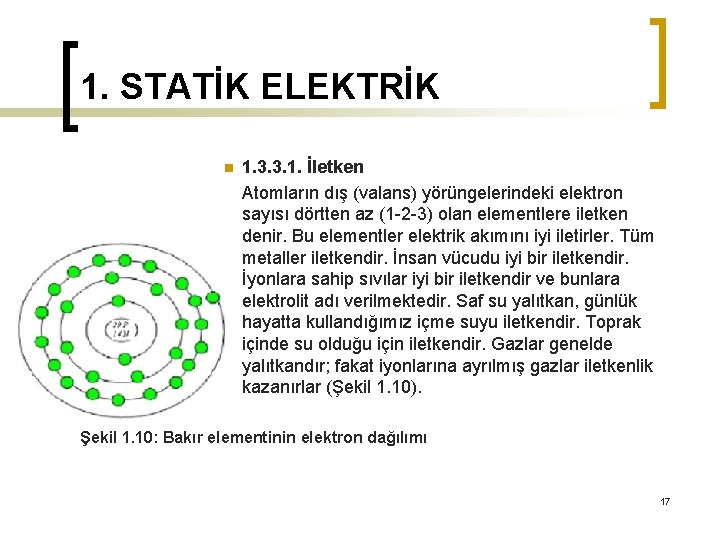 1. STATİK ELEKTRİK n 1. 3. 3. 1. İletken Atomların dış (valans) yörüngelerindeki elektron