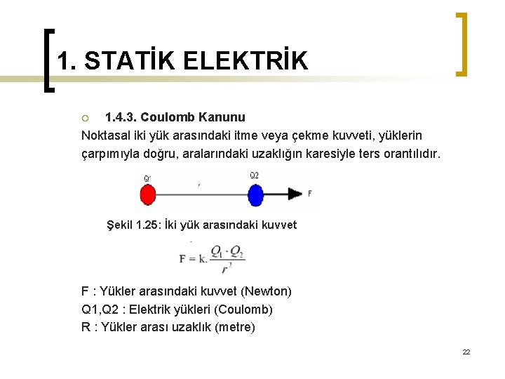 1. STATİK ELEKTRİK 1. 4. 3. Coulomb Kanunu Noktasal iki yük arasındaki itme veya