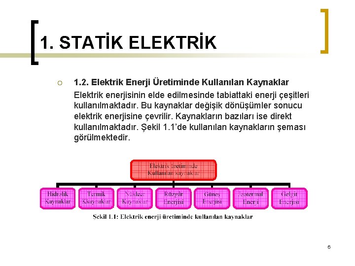 1. STATİK ELEKTRİK ¡ 1. 2. Elektrik Enerji Üretiminde Kullanılan Kaynaklar Elektrik enerjisinin elde