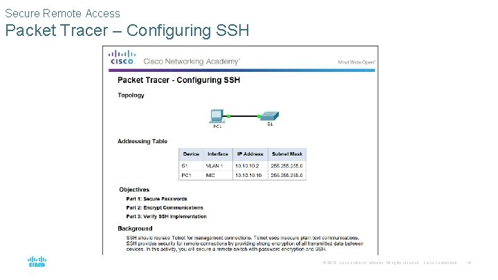 Secure Remote Access Packet Tracer – Configuring SSH © 2016 Cisco and/or its affiliates.