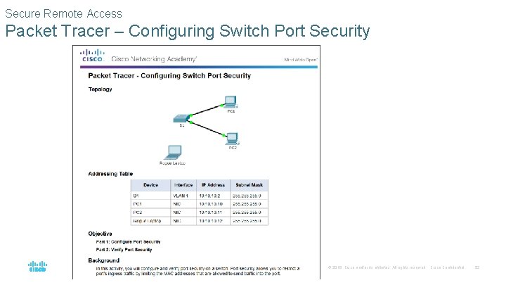 Secure Remote Access Packet Tracer – Configuring Switch Port Security © 2016 Cisco and/or