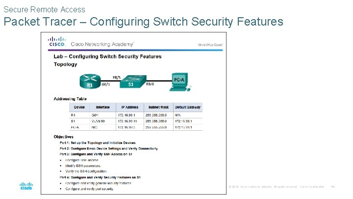 Secure Remote Access Packet Tracer – Configuring Switch Security Features © 2016 Cisco and/or