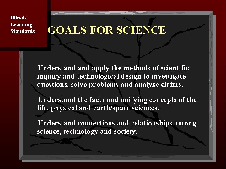 Illinois Learning Standards GOALS FOR SCIENCE Understand apply the methods of scientific inquiry and