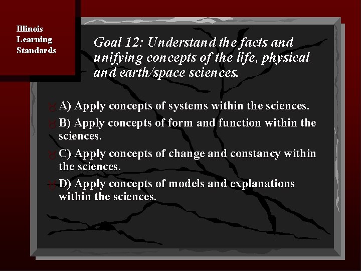 Illinois Learning Standards Goal 12: Understand the facts and unifying concepts of the life,