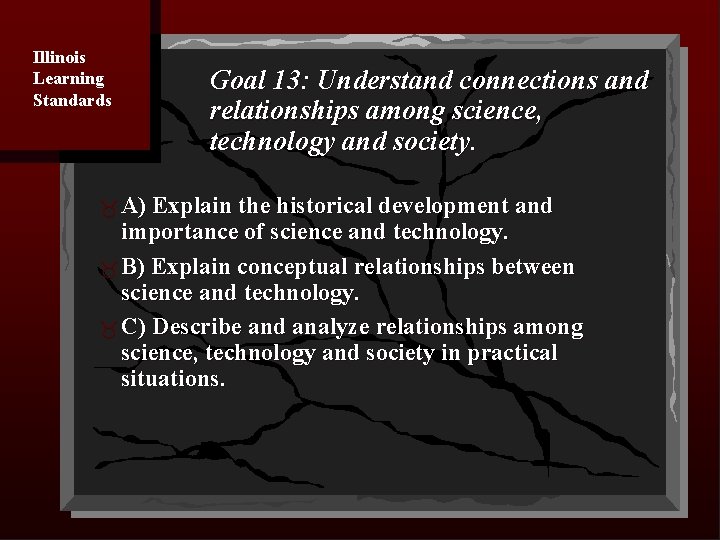 Illinois Learning Standards Goal 13: Understand connections and relationships among science, technology and society.