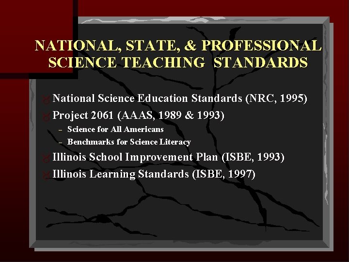 NATIONAL, STATE, & PROFESSIONAL SCIENCE TEACHING STANDARDS National Science Education Standards (NRC, 1995) Project