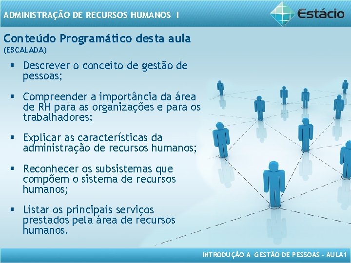 ADMINISTRAÇÃO DE RECURSOS HUMANOS I Conteúdo Programático desta aula (ESCALADA) § Descrever o conceito