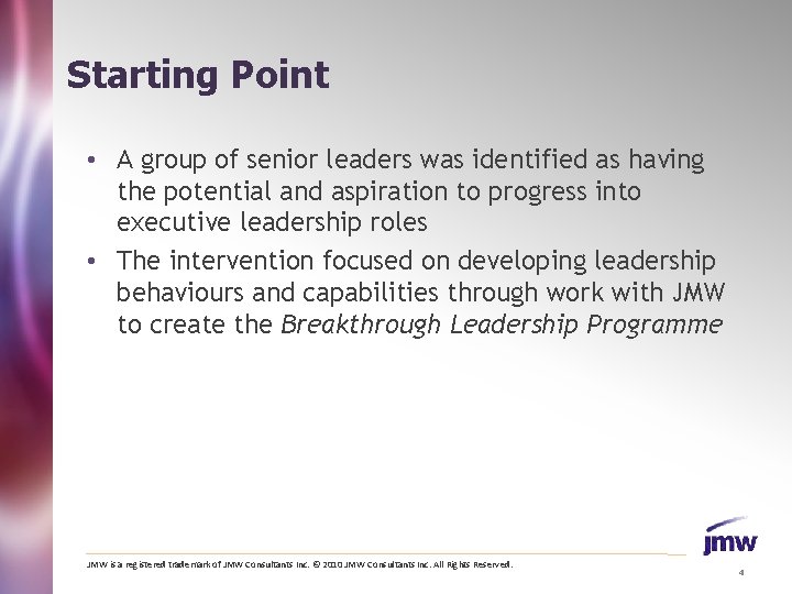 Starting Point • A group of senior leaders was identified as having the potential