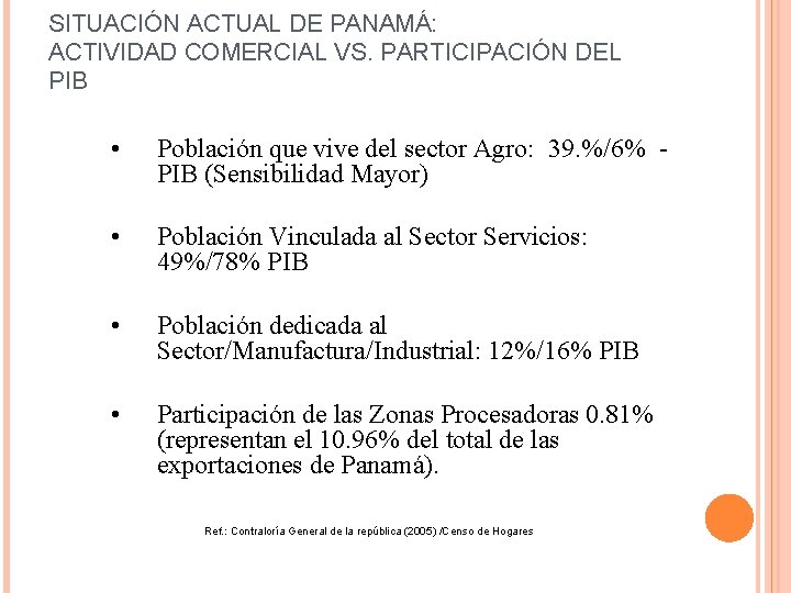 SITUACIÓN ACTUAL DE PANAMÁ: ACTIVIDAD COMERCIAL VS. PARTICIPACIÓN DEL PIB • Población que vive