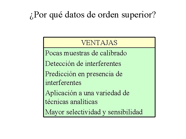 ¿Por qué datos de orden superior? VENTAJAS Pocas muestras de calibrado Detección de interferentes