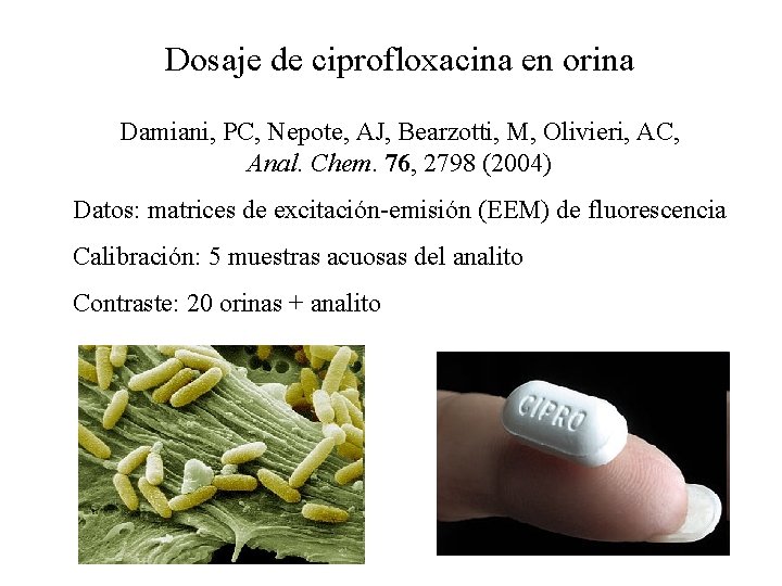 Dosaje de ciprofloxacina en orina Damiani, PC, Nepote, AJ, Bearzotti, M, Olivieri, AC, Anal.