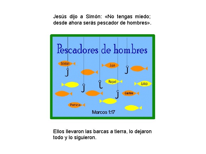Jesús dijo a Simón: «No tengas miedo; desde ahora serás pescador de hombres» . Jesús dijo a Simón: «No tengas miedo; desde ahora serás pescador de hombres» .
